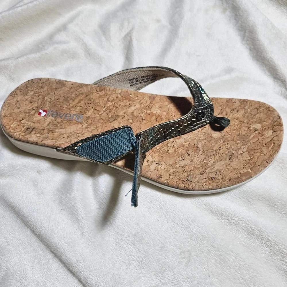 Revere Napoli Peacock Python Orthotic Thong Sandals Womens 7 Metallic Green Cork